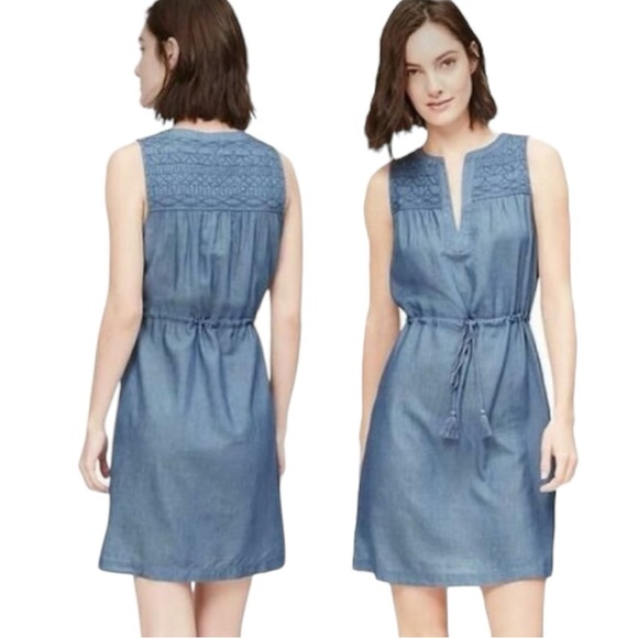 LOFT Dresses & Skirts - Loft Chambray Sleeveless Tie Waist Bib Front Tencel Cotton Mini Shirt Dress Med